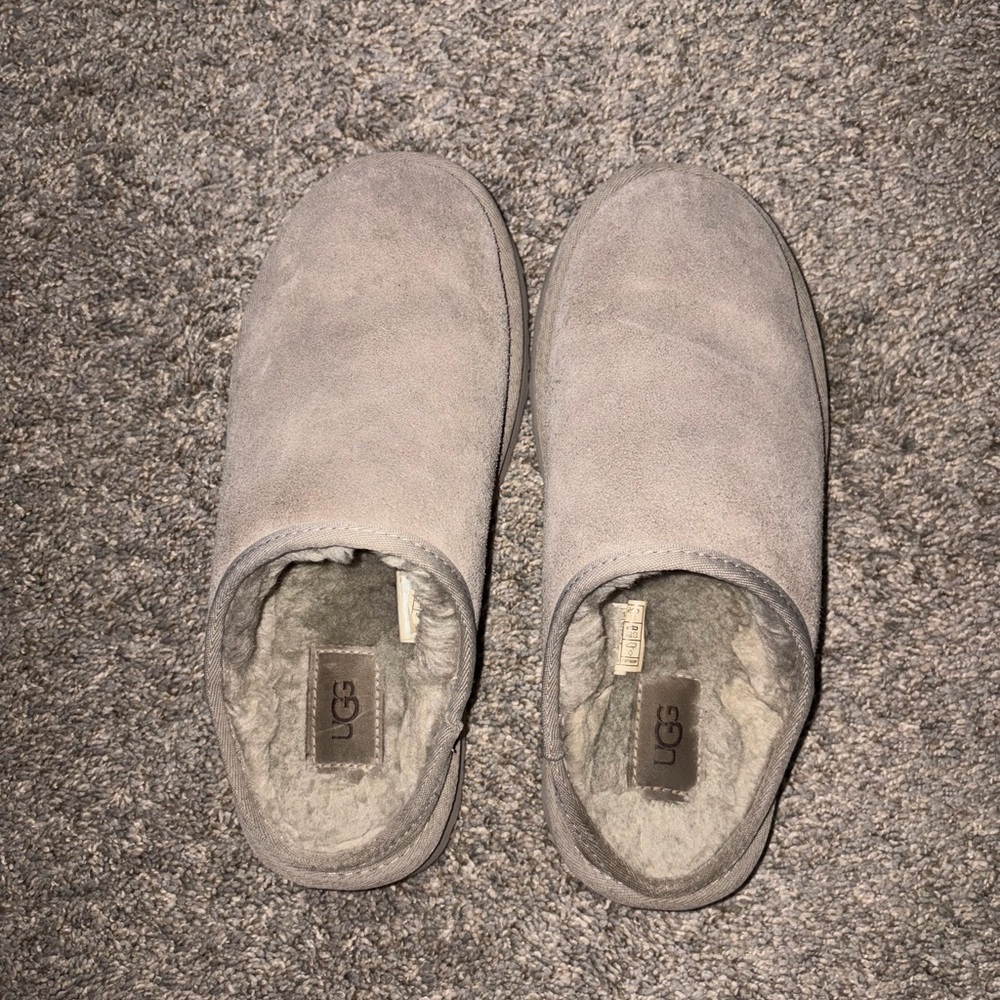 UGG Light Grey Suede Shearling-Lined Slip-On Clogs